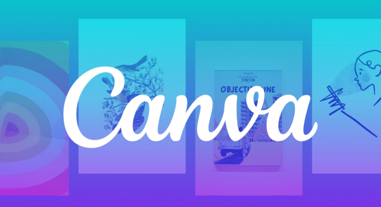 The Canva logo in white script, set against a blue and purple gradient background that features a collage of design examples like illustrations of birds and a Tintin poster.