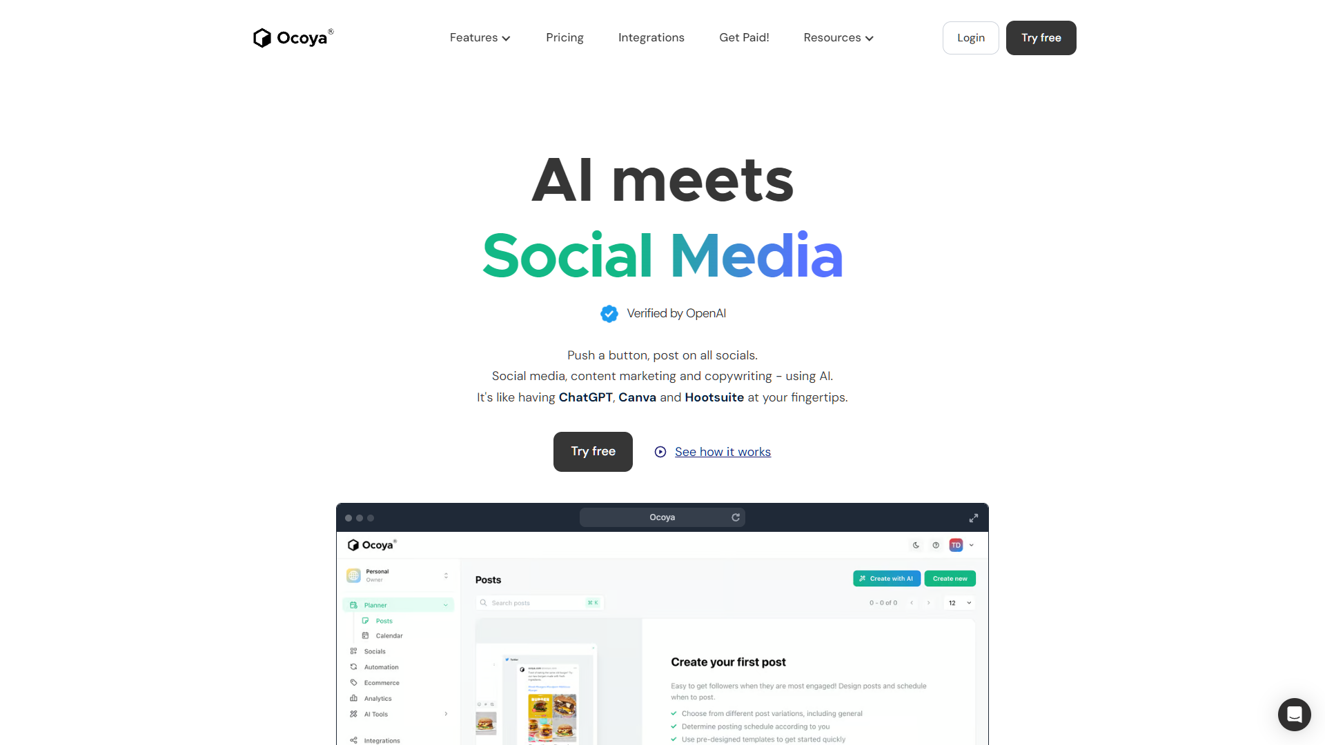 A screenshot of the Ocoya AI homepage, which is the focus of this Ocoya AI review.