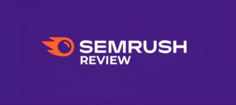 Promotional graphic for a Semrush review, featuring the Semrush logo.