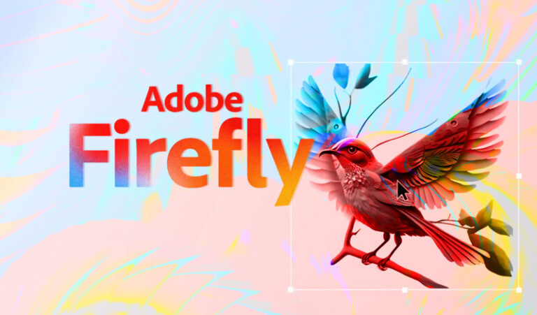 Promotional image for Adobe Firefly showing its AI image generation capabilities with a colorful illustration of a bird being edited.