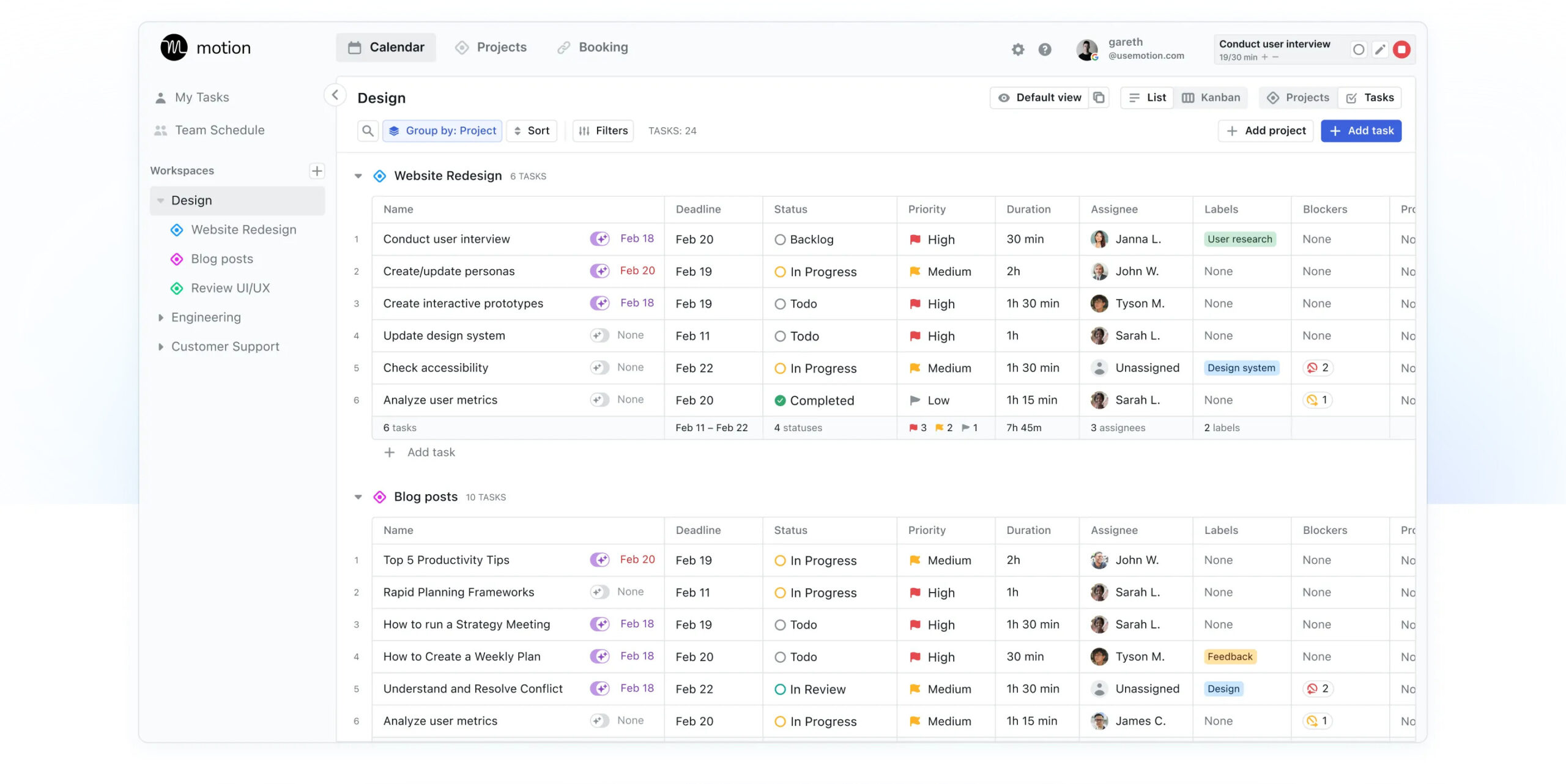 Animation demonstrating Motion AI's auto-replanning feature where tasks shift automatically after a meeting is moved.