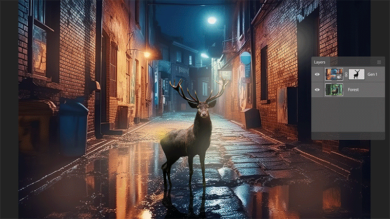 Animated GIF showing a video scene being edited with Adobe Firefly's generative video features.