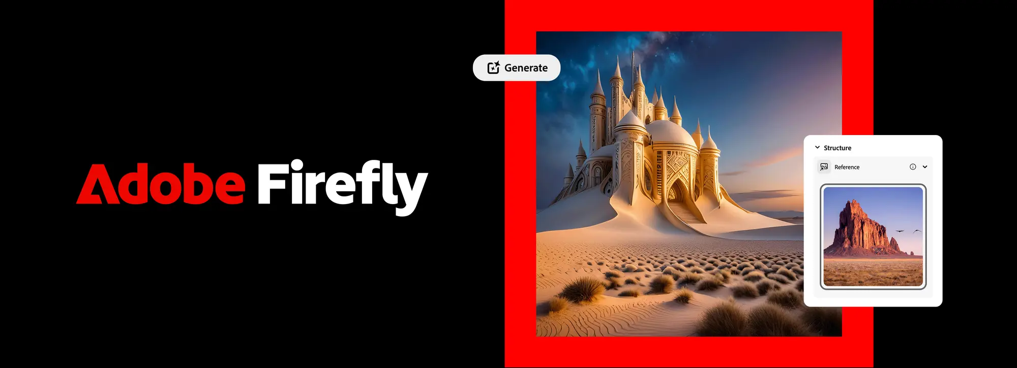 Adobe Firefly interface showing the Structure Reference feature with a castle image.