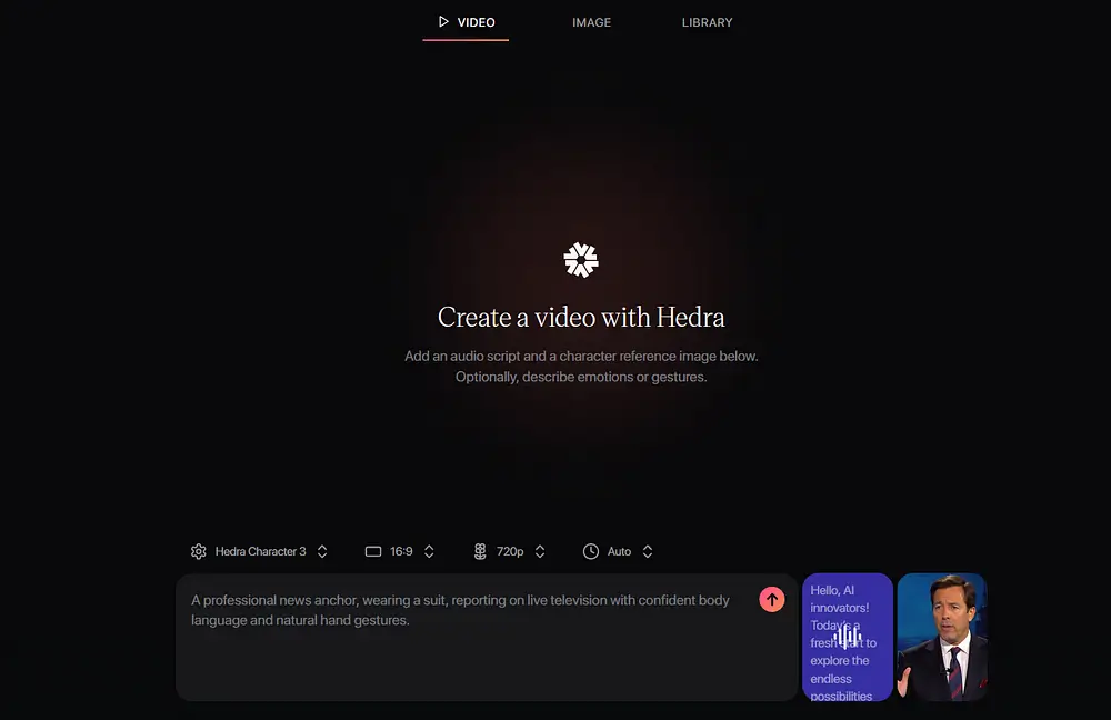 The Hedra AI interface showing the prompt input area for creating a video.