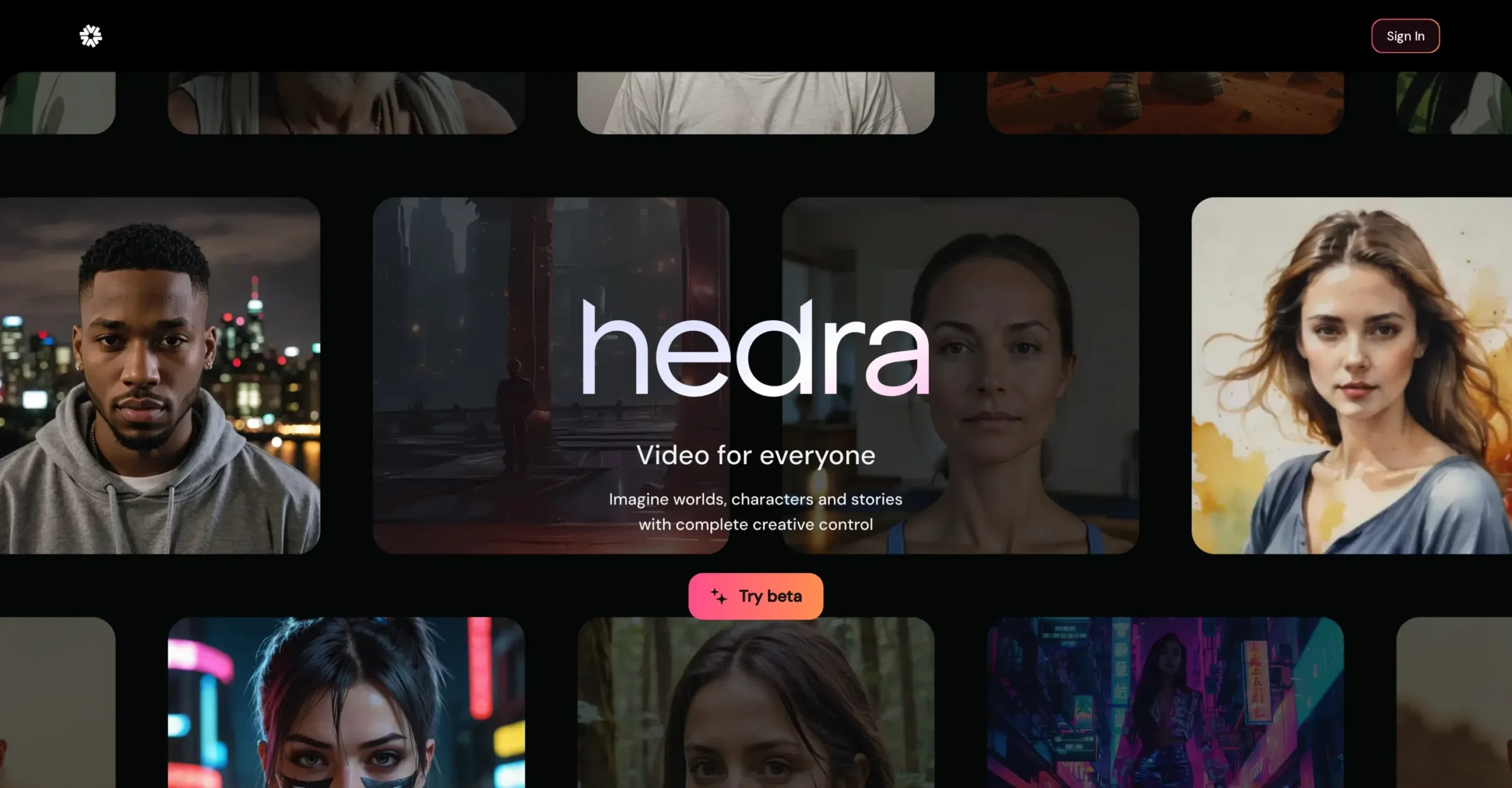 The homepage of the Hedra AI website showing examples of generated video content.