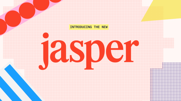Promotional graphic introducing the new Jasper AI branding, with the name in red on a colorful, geometric background.