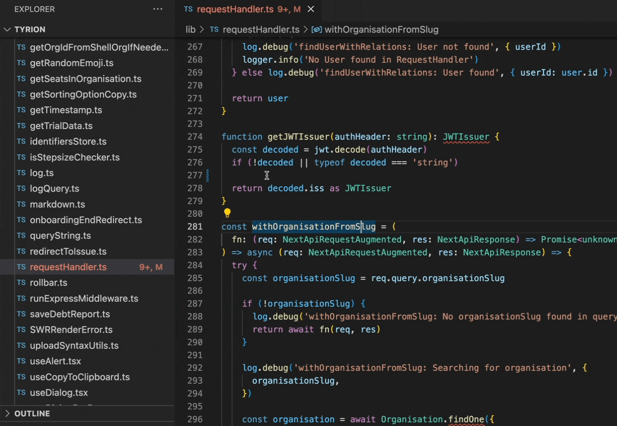 GIF of a developer manually refactoring a function in VS Code, with Copilot providing line-by-line suggestions.