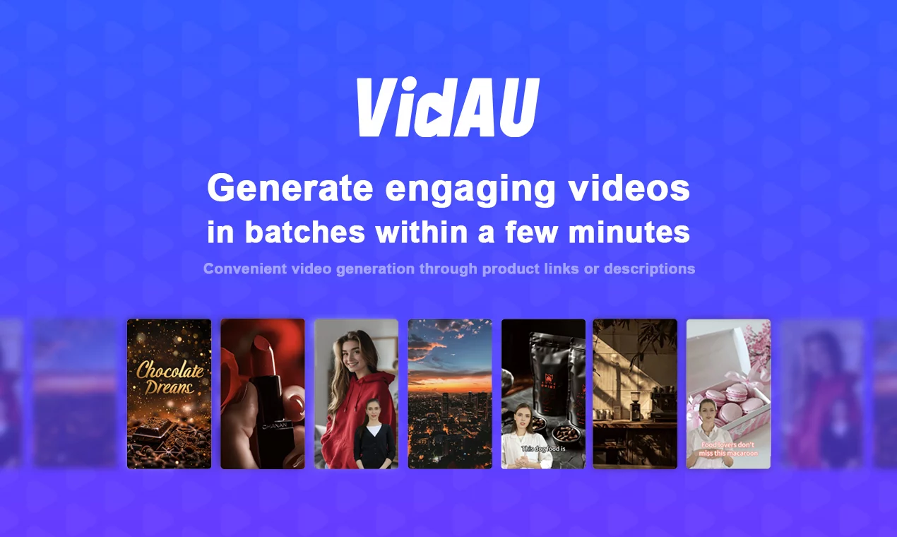 The main landing page of the VidAU AI video ad creator, showing its interface and value proposition.