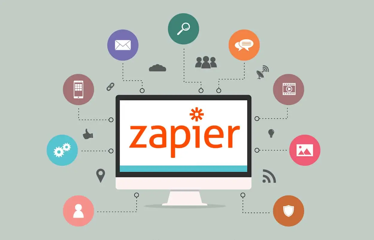 An infographic showing different app icons like Slack, Google Sheets, and Mailchimp connected by arrows, representing Zapier's integrations.