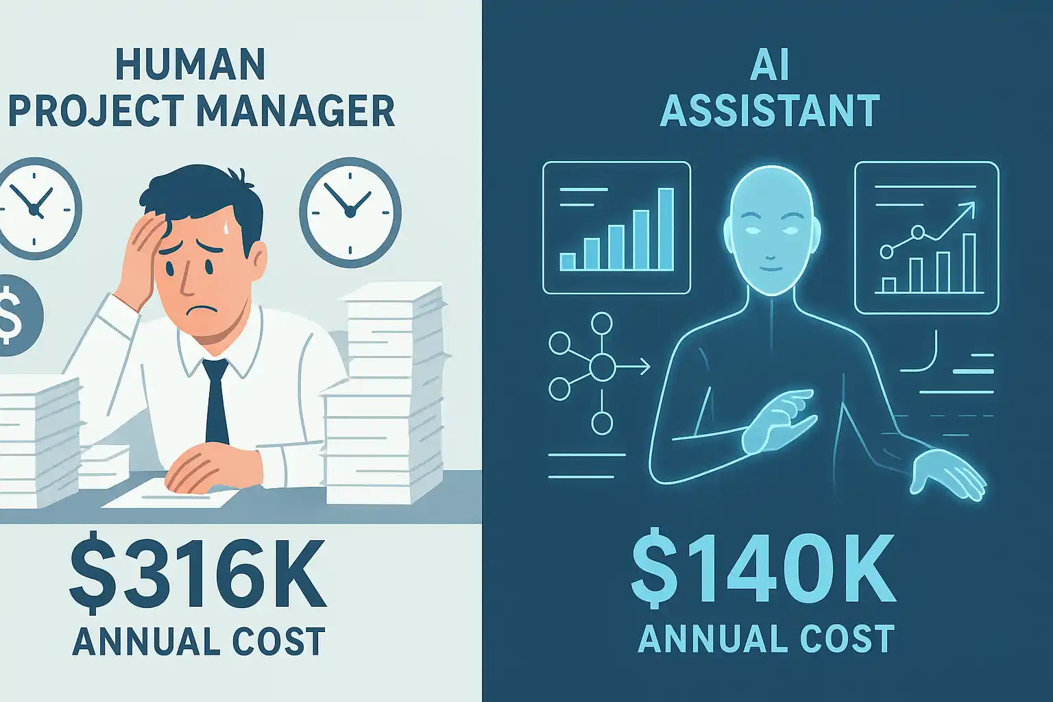 Comparison chart showing AI efficiency versus human workload strain