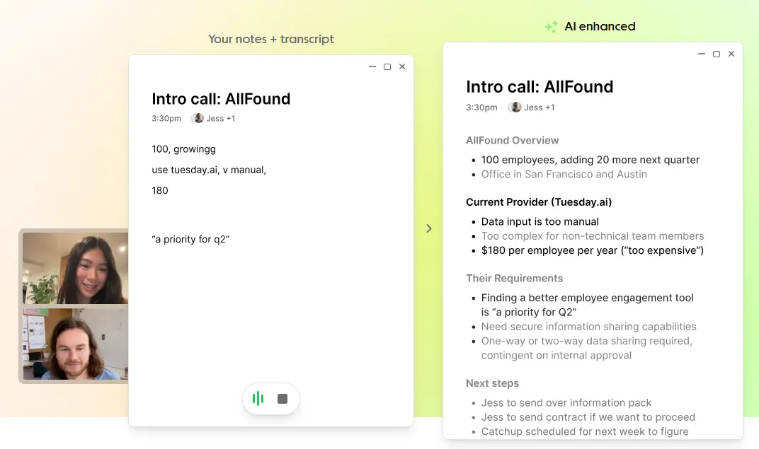 Granola AI interface showing meeting notes and summaries