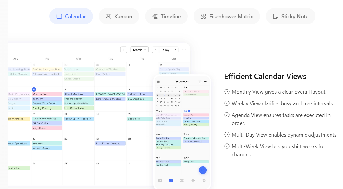 TickTick calendar interface showing integrated task and calendar view