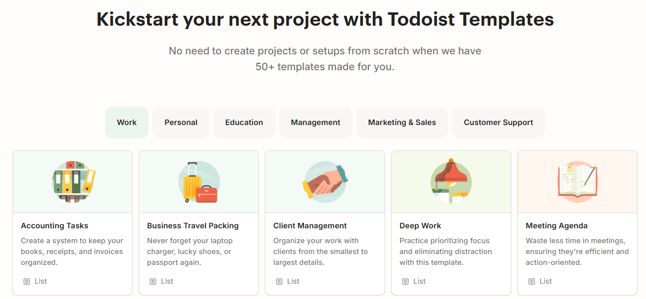 Todoist work templates interface showing clean, minimalist design