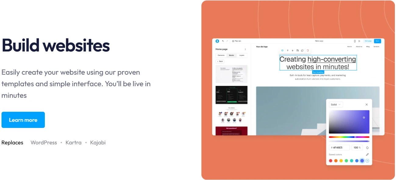 Build websites using Systeme.io dashboard interface showing drag-and-drop website builder