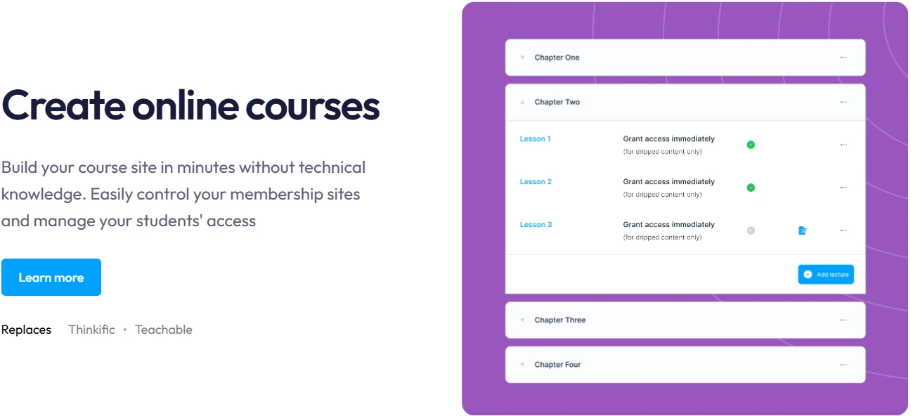 Create online courses dashboard in Systeme.io showing course structure and lesson management