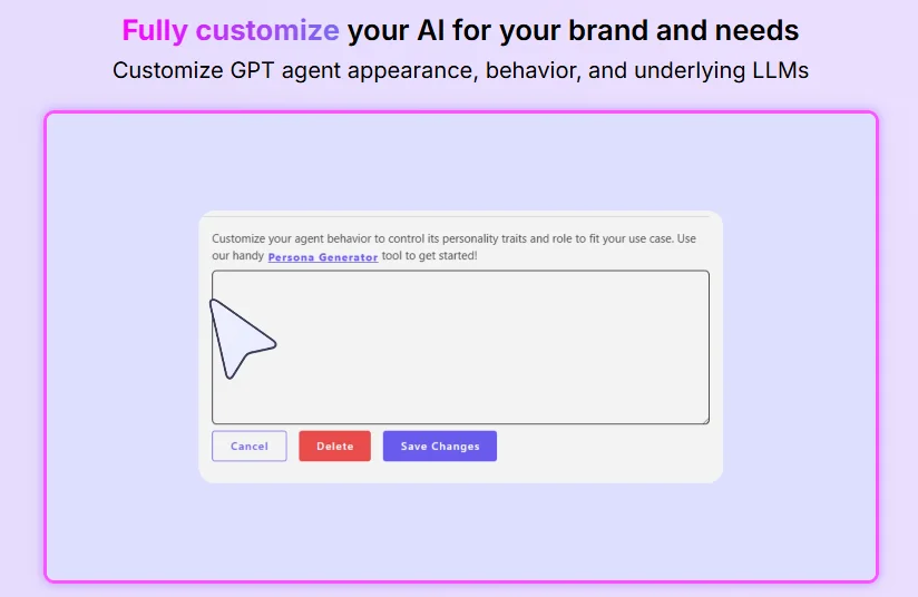 CustomGPT.ai platform interface showing customization options for AI agents including branding, tone, and response style settings
