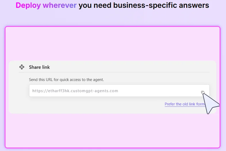 CustomGPT.ai deployment options showing website embedding, API integration, and standalone interface options for AI agents