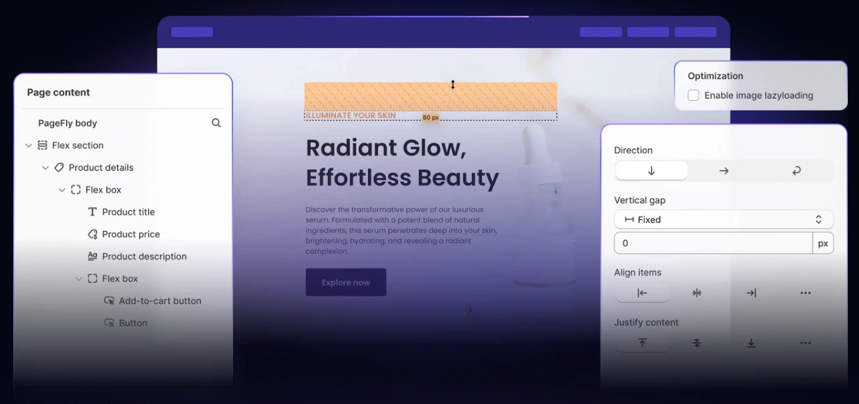 PageFly drag-and-drop interface showing the visual editor with various elements and customization options