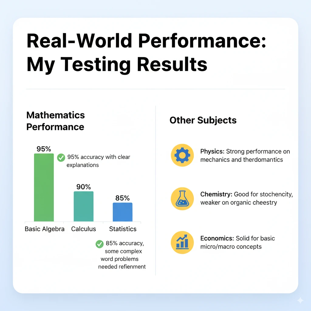 Performance testing results showing accuracy rates across different subjects