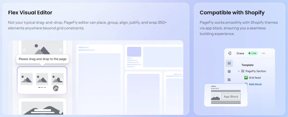 Examples of different page types you can create with PageFly including landing pages, product pages, and homepages