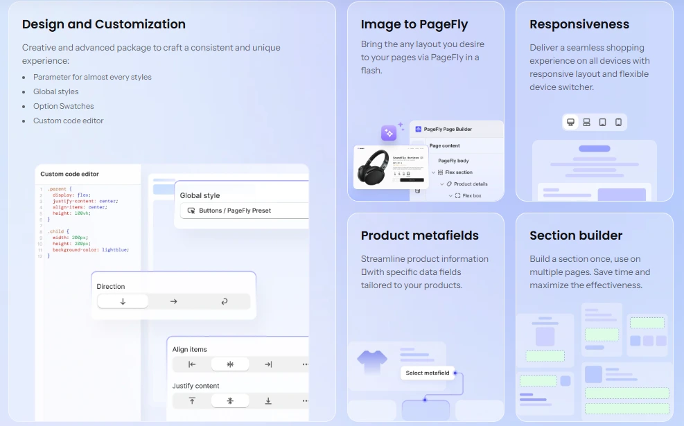 Advanced PageFly features including comparison tables, before/after sliders, and product galleries