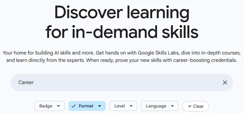 Google Skills platform learning interface showing AI and cloud computing courses