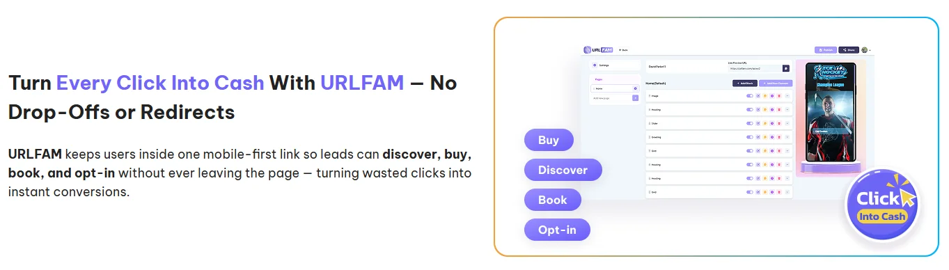 URLFAM features demonstration showing conversion optimization tools