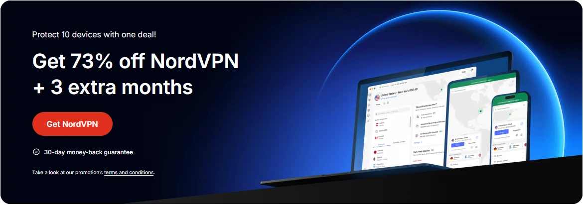 NordVPN pricing and discount options showing 73% off promotional offer