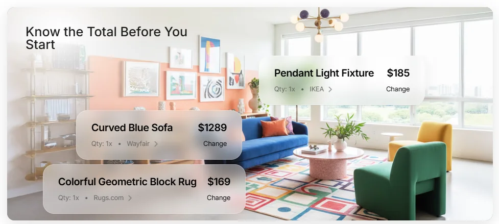 Renovate AI interface showing cost estimation and design transformation features