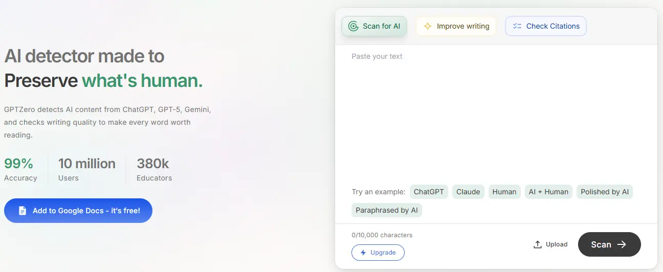 GPTZero homepage showing AI detection interface and features