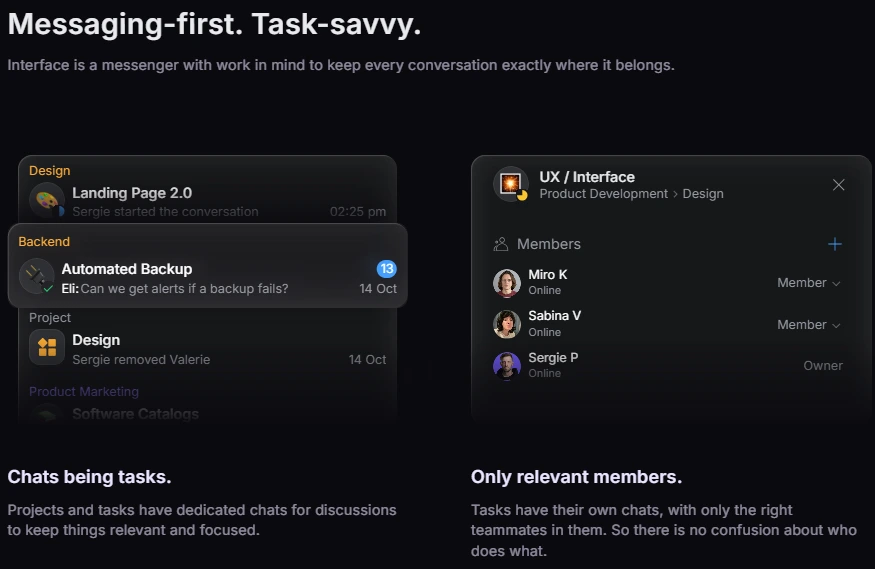 Orchestra messenger interface showing task-focused chat organization and smart folders