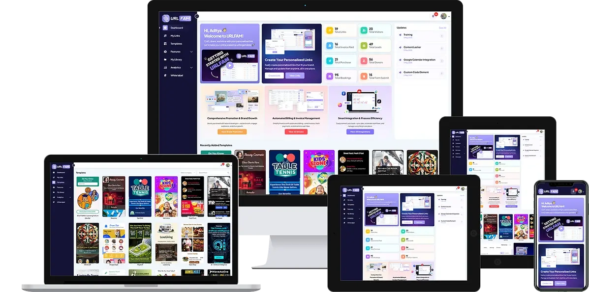 URLFAM template gallery showing various pre-designed funnel templates