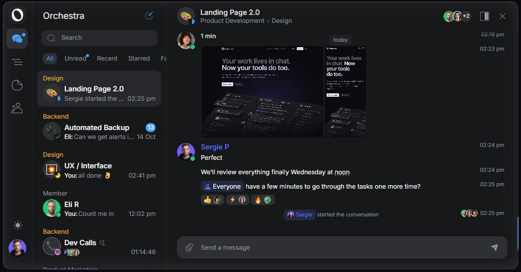 Orchestra unified workspace interface showing integrated chat, tasks, and project management