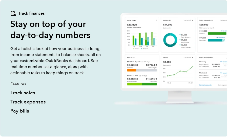 QuickBooks Online accounting platform interface displaying financial management tools and reporting dashboard