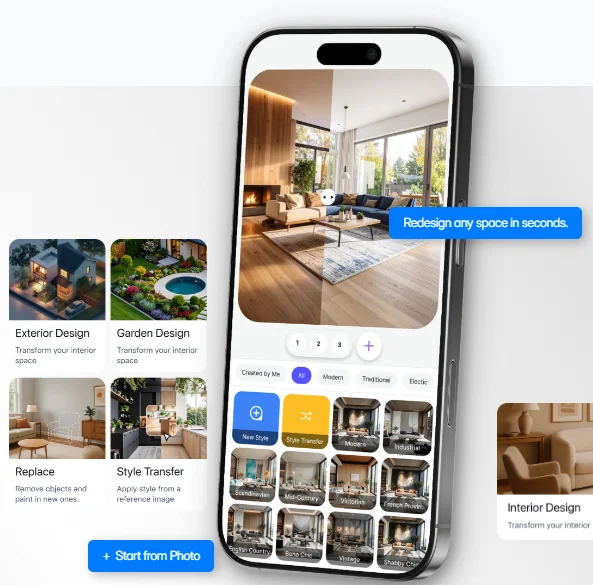 Renovate AI mobile app interface displaying design options on smartphone