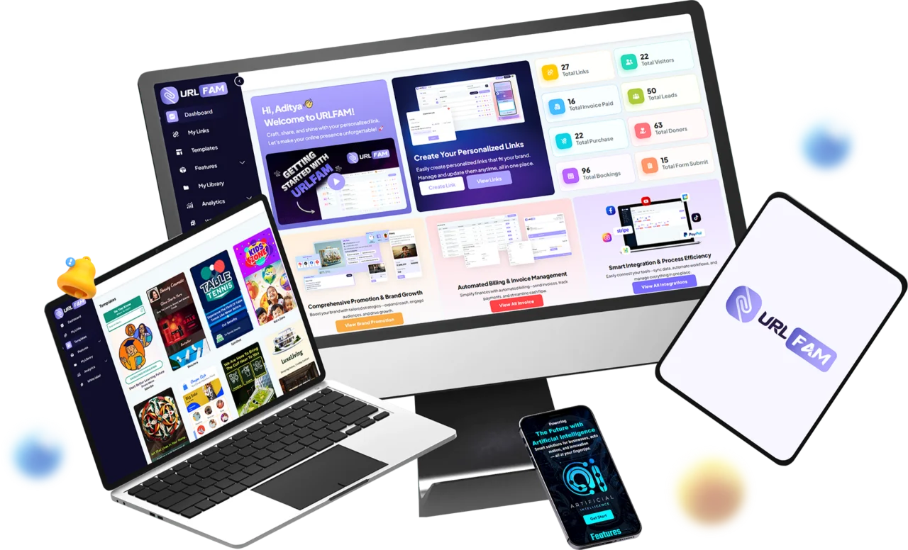 URLFAM homepage interface showing mobile-first link suite dashboard