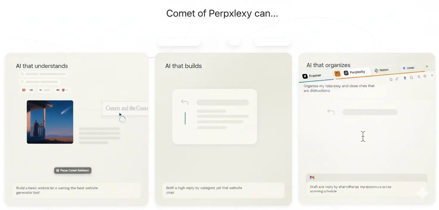 Comet AI browser interface showing the intelligent sidecar assistant and main browsing area