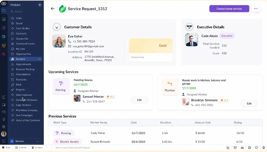 Zoho CRM interface showing sales pipeline and customer management features