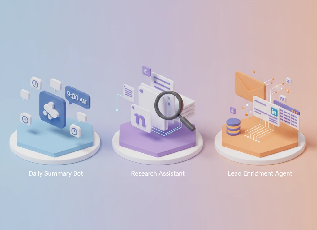 Three Real AI Agents: Slack Bot, Research Assistant, and Lead Enrichment Agent with architecture diagrams and workflow examples