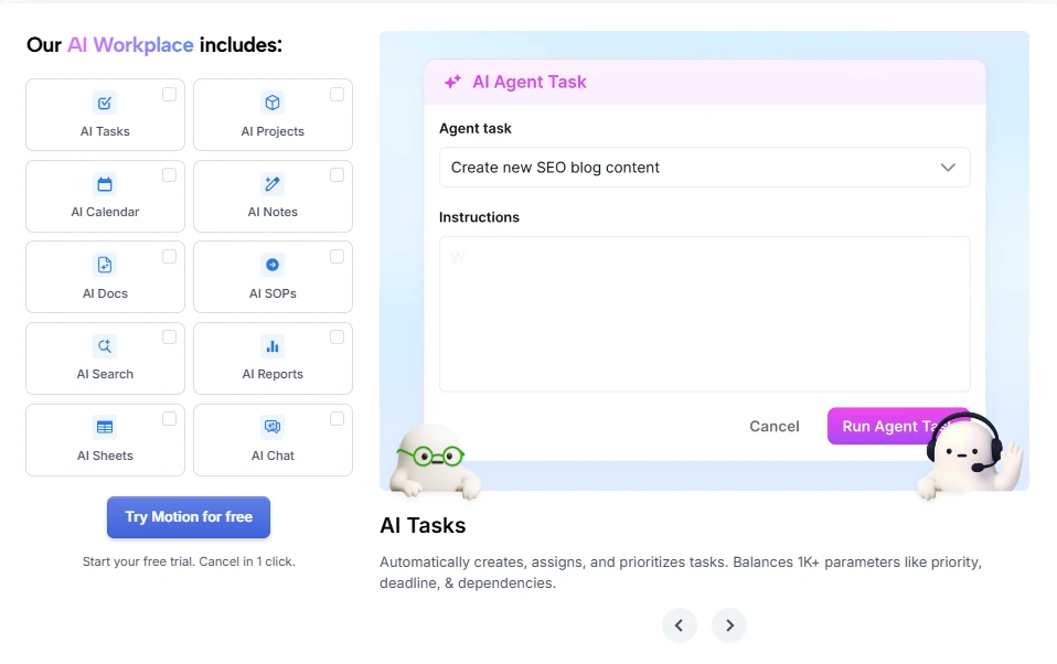 Unified workspace dashboard demonstrating how Motion provides a single platform for managing all work tasks, projects, and schedules