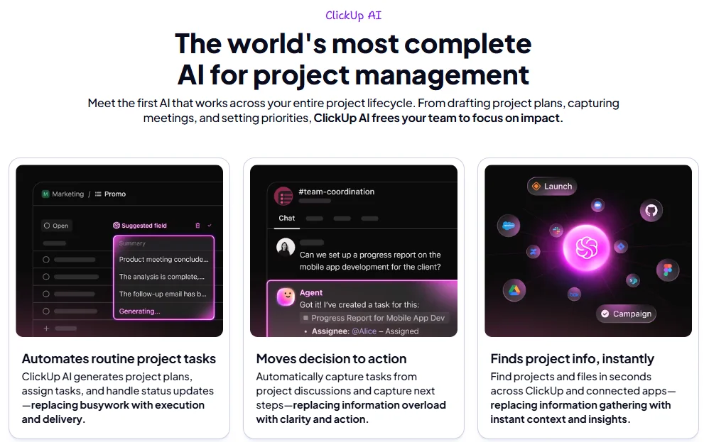 AI-powered project management with ClickUp Brain showing intelligent automation and workspace analysis
