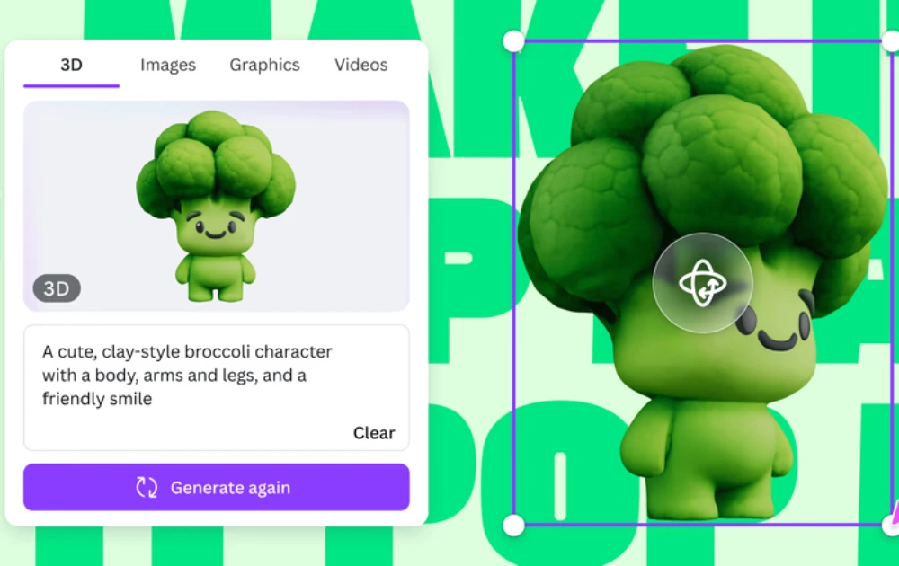Canva AI 3D Content Generator showing advanced AI-powered design generation capabilities