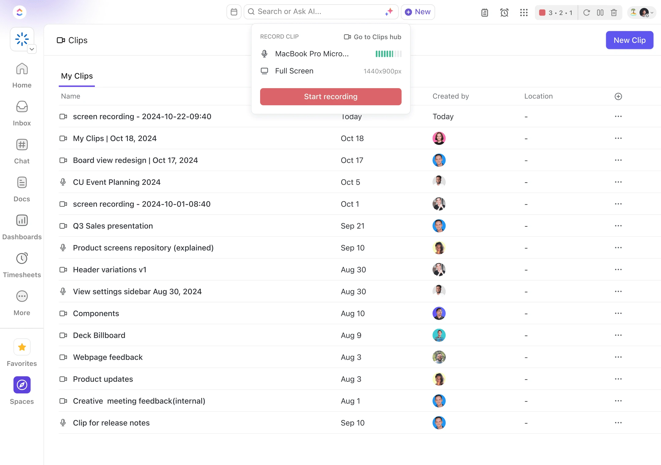 ClickUp Clips feature showing screen recording and video messaging capabilities