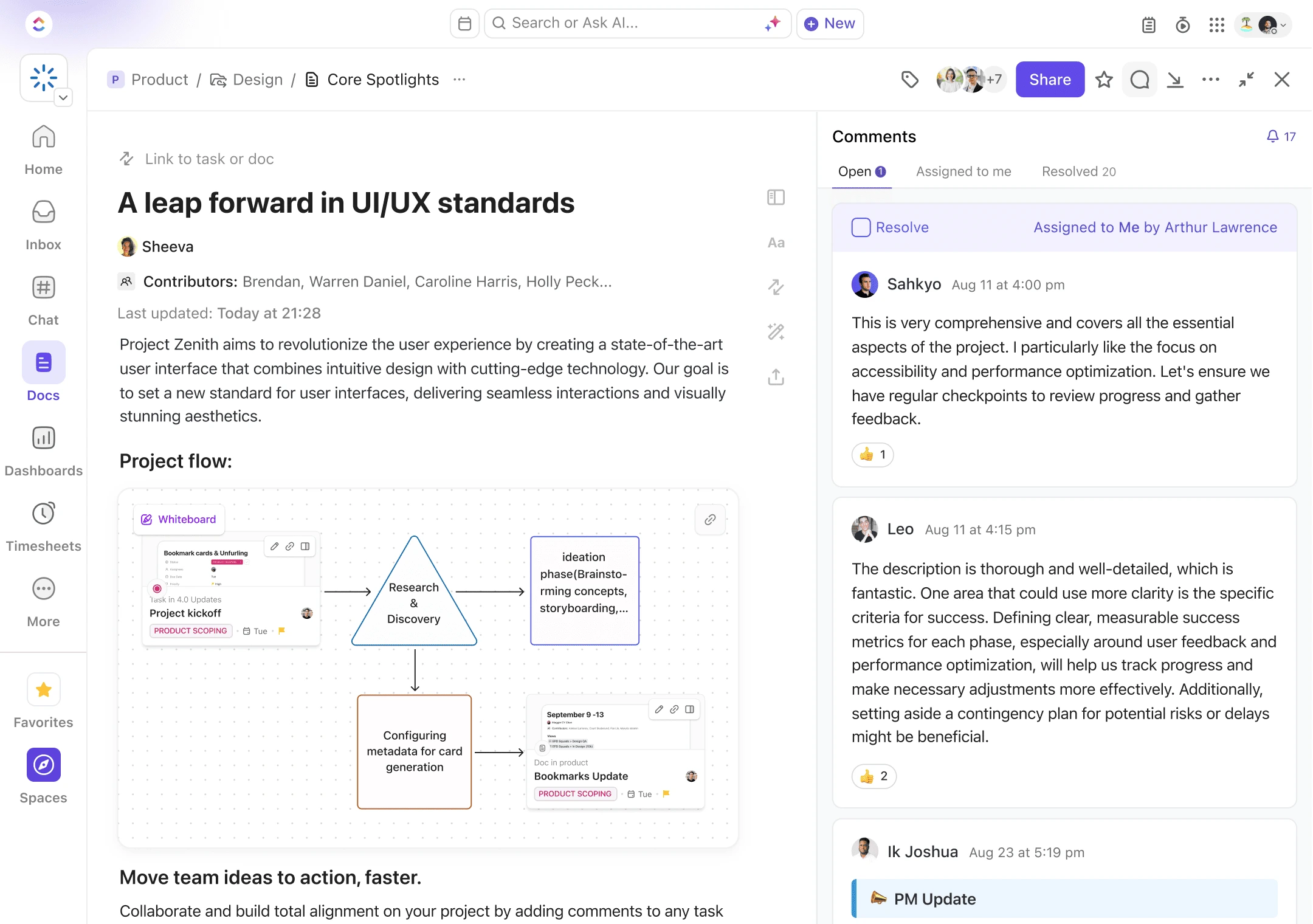 ClickUp Docs editor showing collaborative document creation with embedded tasks