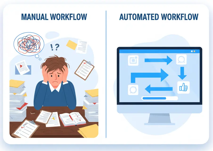 Visual comparison between manual task management and automated workflows