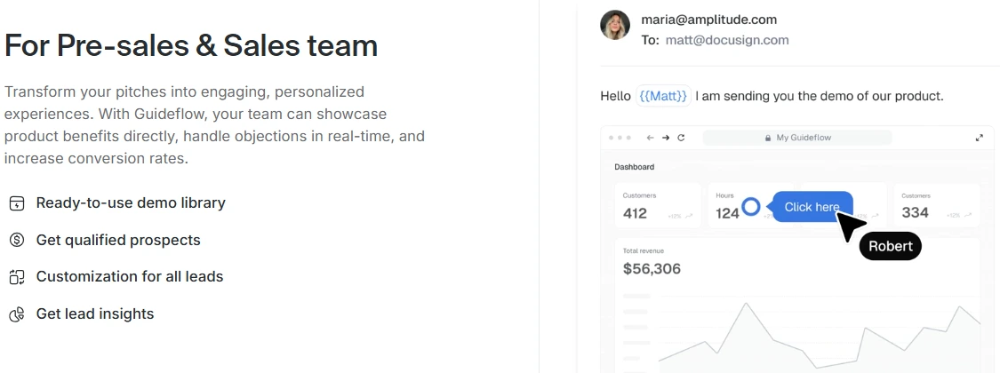 Guideflow sales team dashboard showing personalized demo analytics and engagement metrics