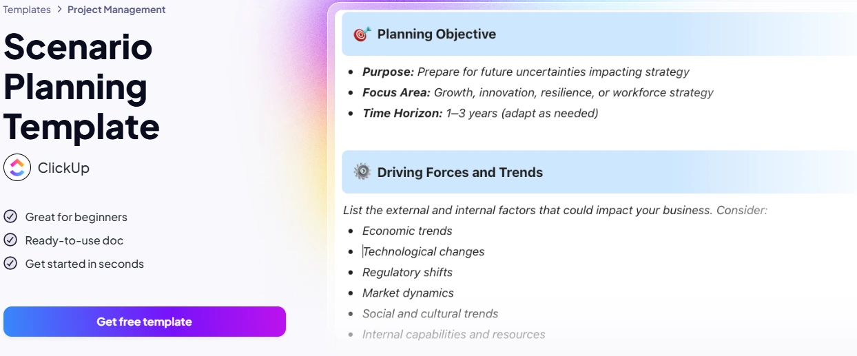 ClickUp scenario planning template showing AI-assisted strategic planning and decision-making features