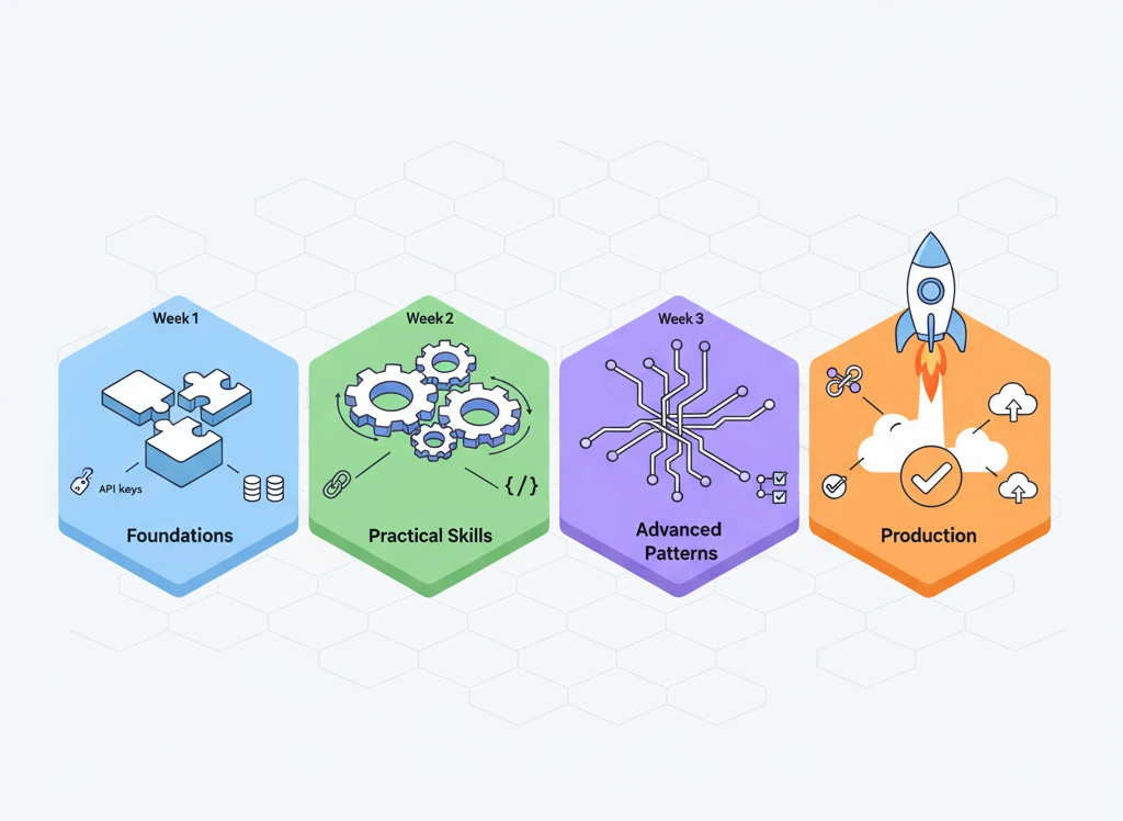 The Complete 30-Day AI Agent Learning Roadmap showing weekly milestones, daily tasks, and project deliverables