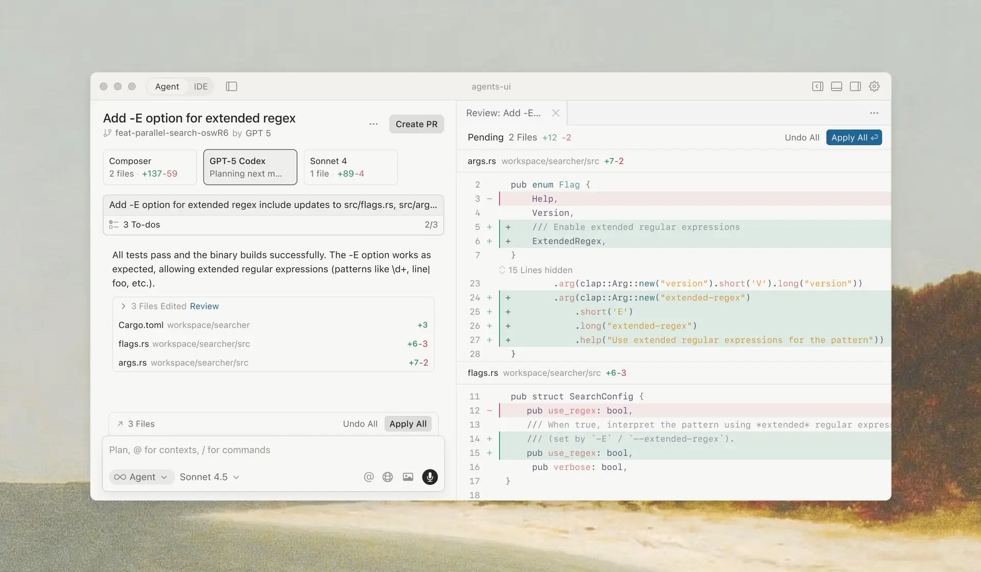 Cursor 2.0 multi-agent interface displaying parallel AI model execution and code comparison features