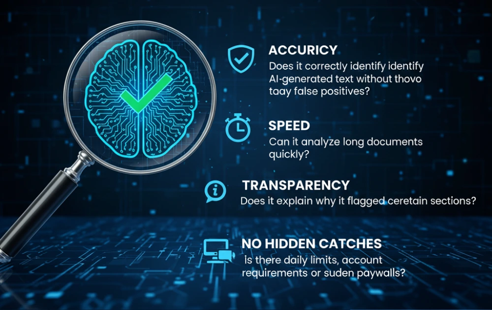 Infographic showing key criteria for evaluating AI detection tools: accuracy, speed, transparency, usability, and no hidden limits